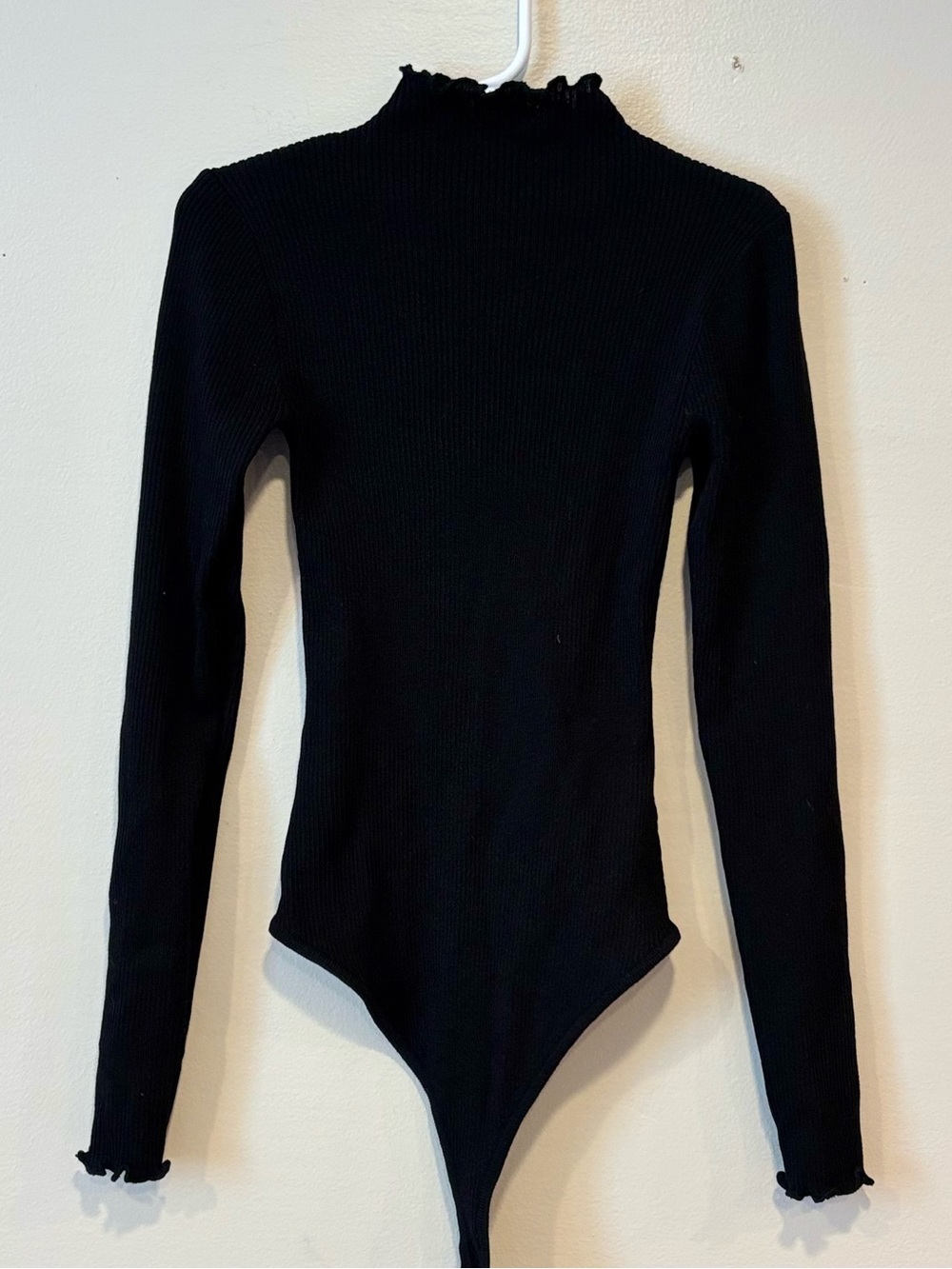 Mustard Seed Black Ribbed Long Sleeve Mock Neck Lettuce Trim Bodysuit Small